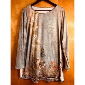 Women's Plus Size Long Sleeve Tunic Blouse Top Green/Blue Floral Top Size 2X